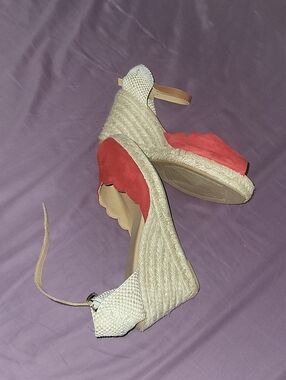PASEART Wedge Espadrille Open Toe Red Canvas Sandals 40  US 9 1/2  Suede Leather